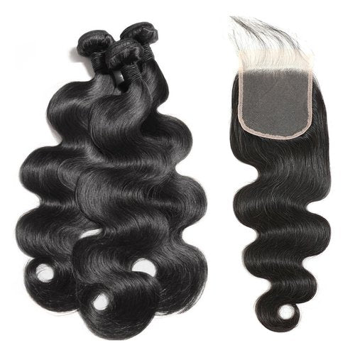 Body Wave Bundles with Closure 18 20 22+16 Inch 100% Brazilian Virgin Human Hair Bundles with Closure 12A Unprocessed Body Wave Weave 3 Bundles Human Hair with Closure 4x4 HD Lace