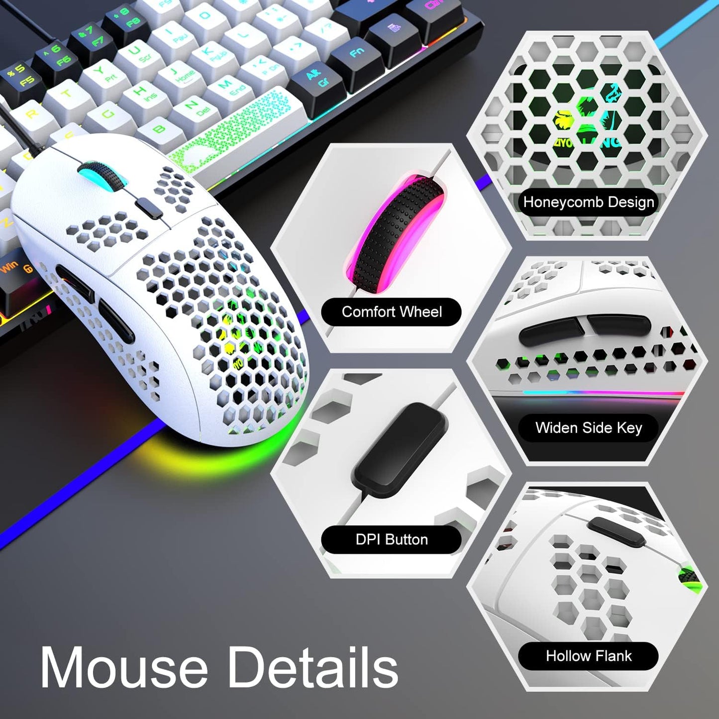 60% Gaming Keyboard and Mouse Combo Small Mini RGB Backlight Mechanical Feeling and Mechanical RGB 6400 DPI Honeycomb Optical Mouse,Gaming Mouse pad for Gamers and Typists Black