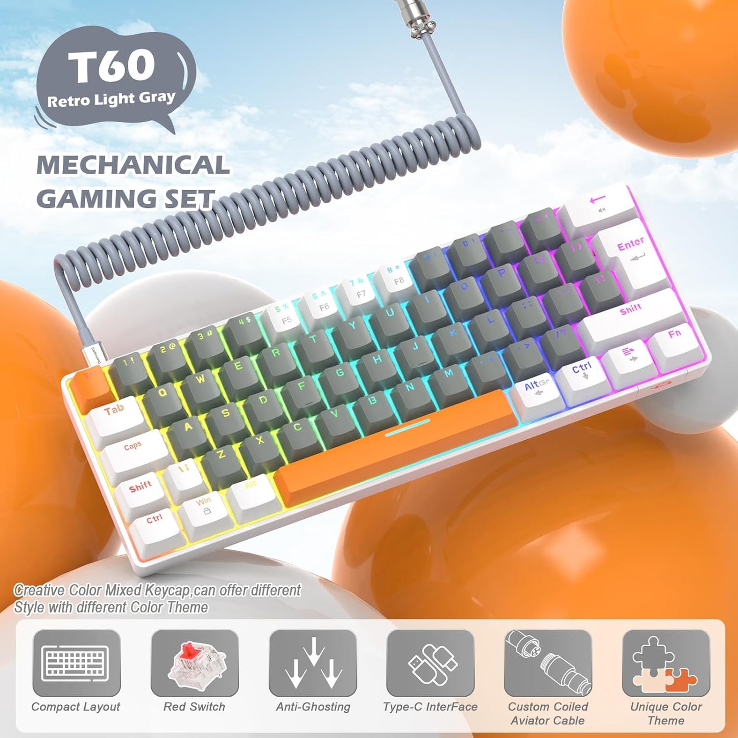 ZIYOU LANG RK-T60 Wired Mechanical Gaming Keyboard and Mouse Combo Portable with Rainbow Backlit 62Key NKRO 6400DPI RGB Honeycomb Mice Coiled Aviator Cable for PS4/PC/WIN Gamer(Light Gray/Red Switch)