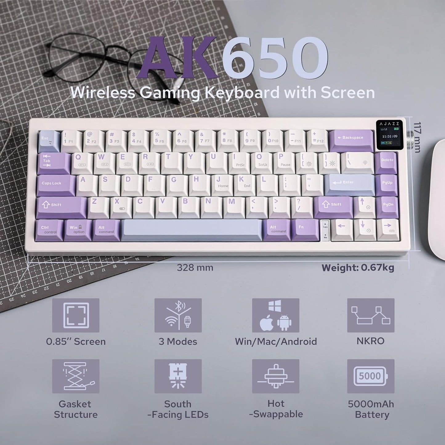 AJAZZ AK650 65% Gasket Mechanical Keyboard, 3 Modes Wireless Gaming Keyboard with 0.85'' TFT Screen & Knob, Hot Swappable, 5000 mAh Battery, Flex-Cut Plate & PCB, RGB (White Purple)
