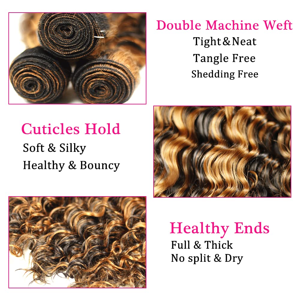 Highlight Human Hair P1B/30 Deep Wave Ombre Bundles - Unprocessed Virgin Hair 3 Bundles 16 18 20 Inch Two Tone Black Mixed With Brown