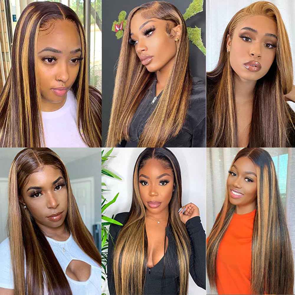 26 28 30 Inch Highlight Bundles Human Hair P4/27 Straight Honey Brown Bundles Brazilian Virgin Human Hair Bundle Brown Highlights Bundle Silky Soft Remy Hair Extensions