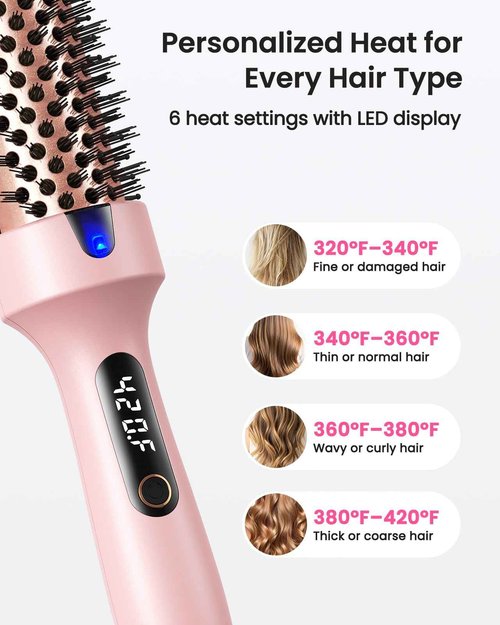 Thermal Brush for Blowout – 1.5 Inch Heated Round Brush with Negative Ions, Dual Voltage, Dual PTC, 6 Heat Settings, Salon Smooth Hair, Less Frizz, Travel-Friendly, Pink