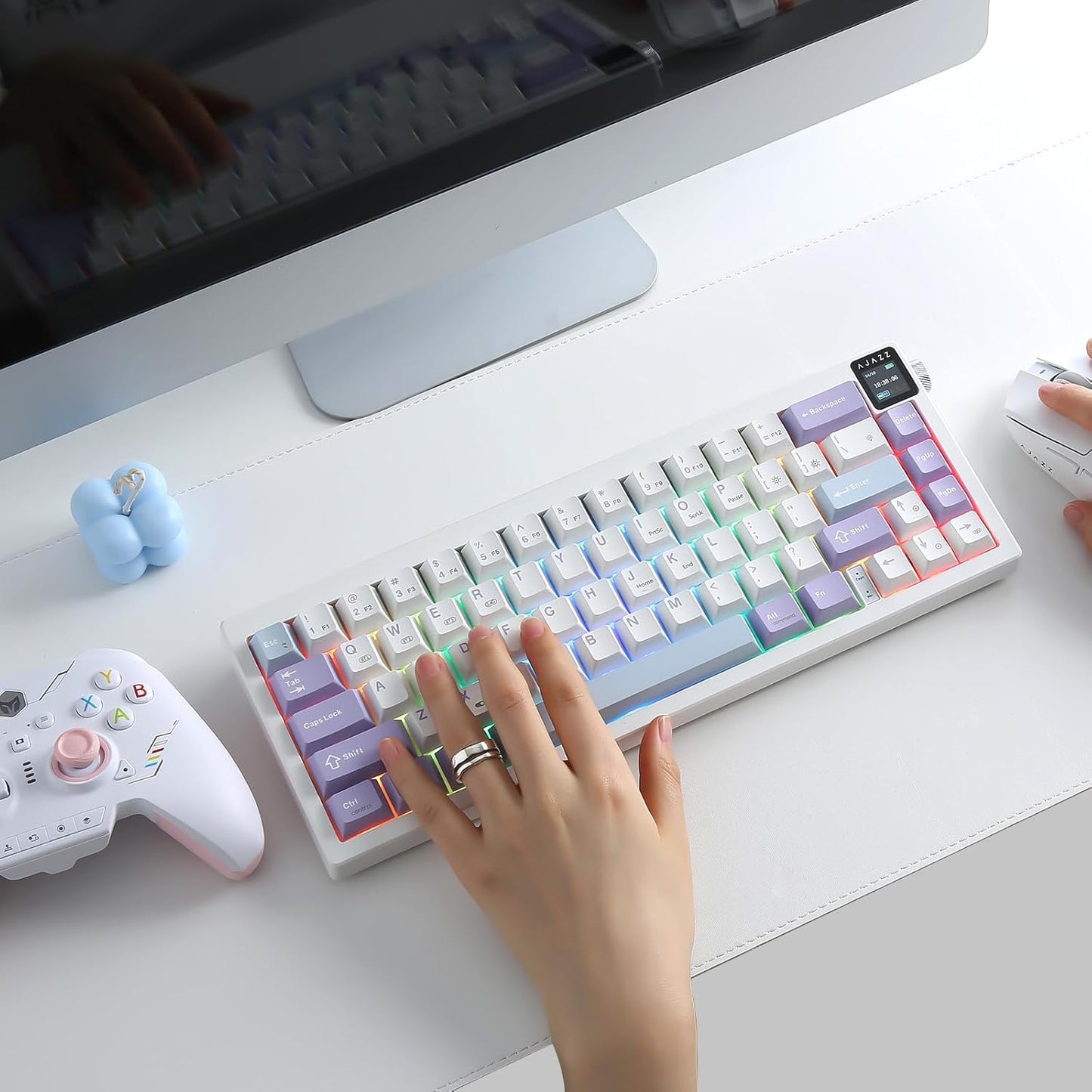 AJAZZ AK650 Mechanical Gaming Keyboard with Smart Display & Knob,65% Wireless Mechanical Keyboard BT/2.4G/USB-C, Hot Swappable, Creamy Sounding with RGB Light (Purple,Flying Fish Switch)