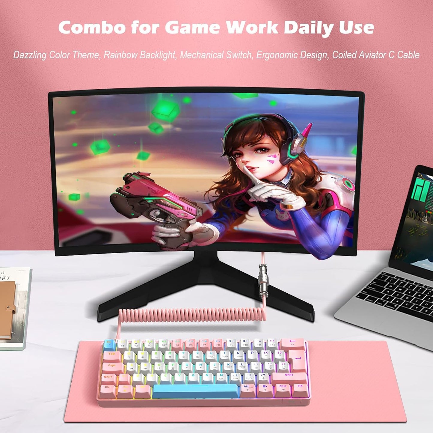 ZIYOU LANG RK-T60 Wired Mechanical Gaming Keyboard Mini Portable with Rainbow Backlit 62Key ABS Keycaps Full Anti-Ghosting Ergonomic Design Coiled Aviator Cable for PS4/PC/WIN Gamer(Blue/Red Switch)