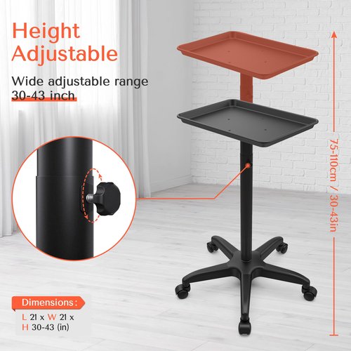 TASALON Black Salon Tray on Wheels, 2pcs Adjustable Instrument Tattoo Tray Cart with Wheels, Aluminum Salon Rolling Tray for Hairstylist, Sap, Medical