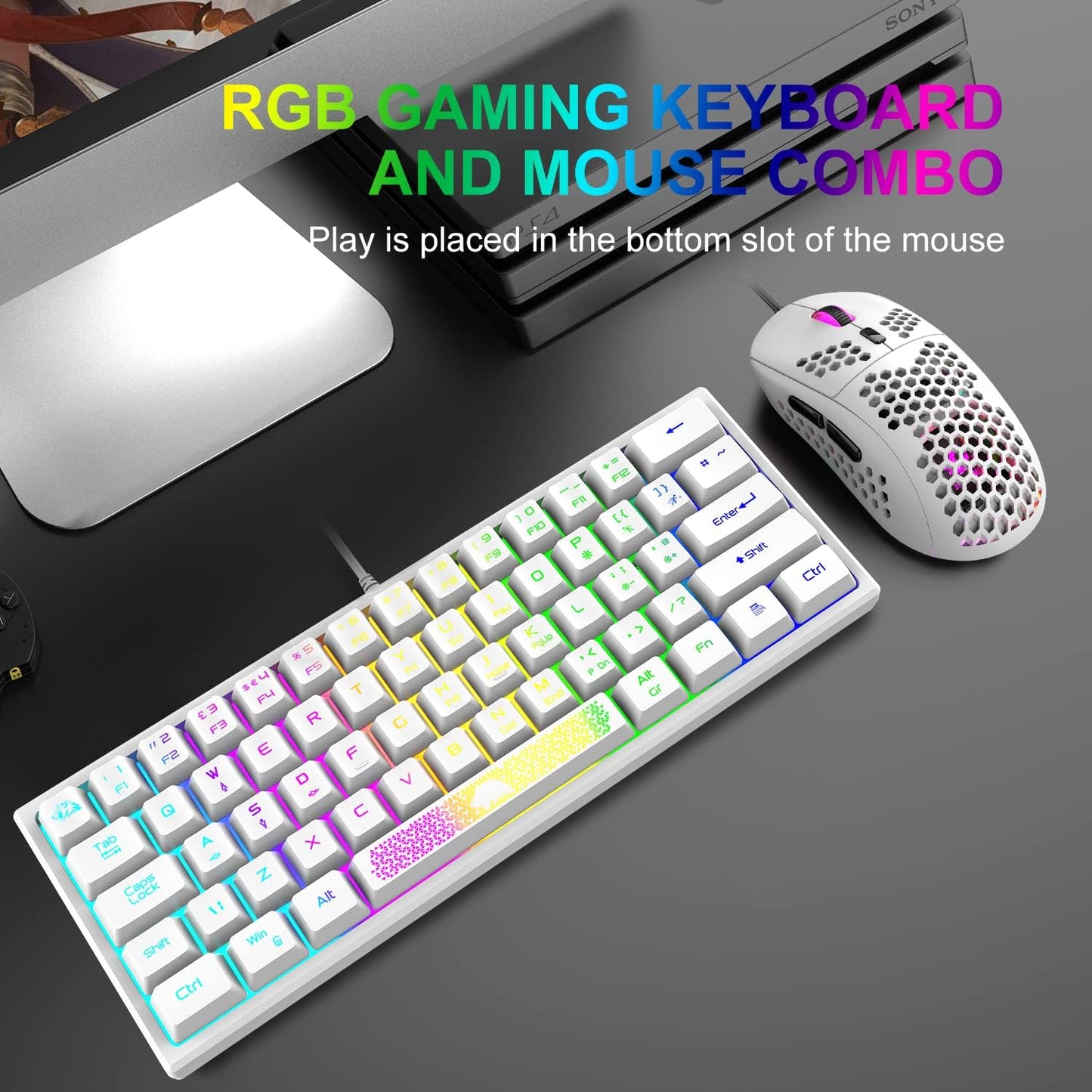 60% Gaming Keyboard and Mouse Combo Small Mini RGB Backlight Mechanical Feeling and Mechanical RGB 6400 DPI Honeycomb Optical Mouse,Gaming Mouse pad for Gamers and Typists Black