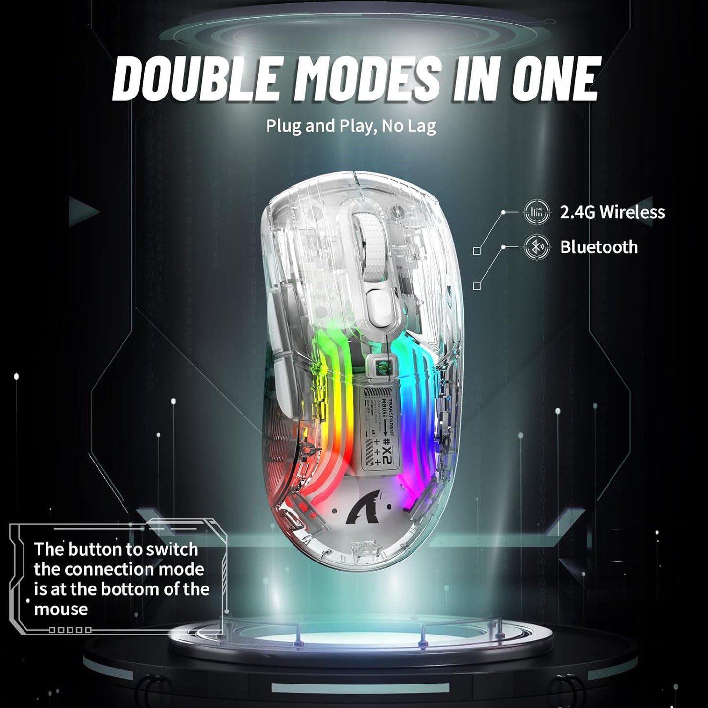 A.JAZZ Wireless Gaming Mouse with Full Transparent,Tri-Mode 2.4GHz/Bluetooth/Wired Mouse,Digital Display,Charging Base,3D RGB Backlit,Silent Mice with 7 Buttons,Wireless Mice for Laptop,PC,Mac(White)