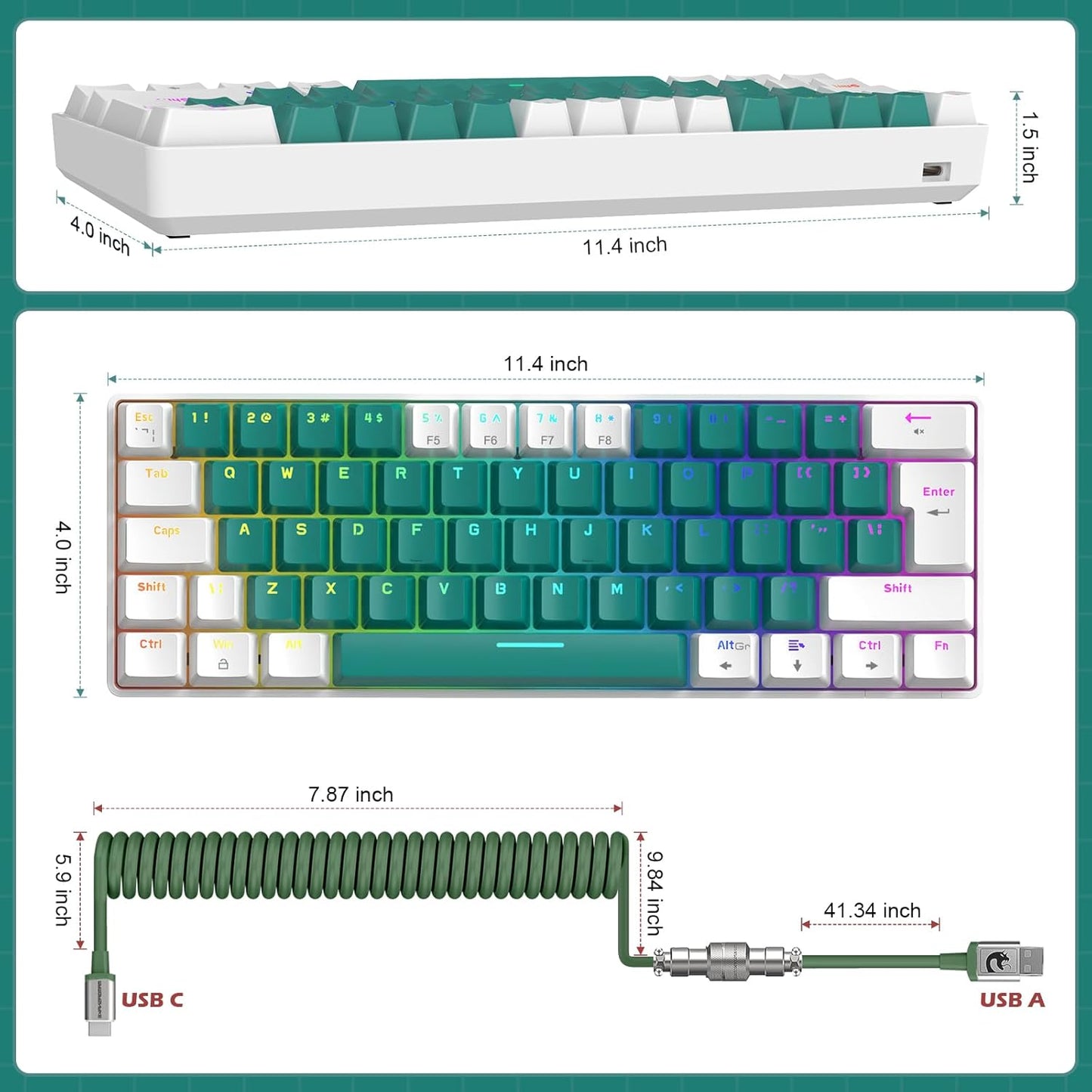 ZIYOU LANG RK-T60 Wired Mechanical Gaming Keyboard and Mouse Combo Portable with Rainbow Backlit 62Key NKRO 6400DPI RGB Honeycomb Mice Coiled Aviator Cable for PS4/PC/WIN Gamer(Light Gray/Red Switch)