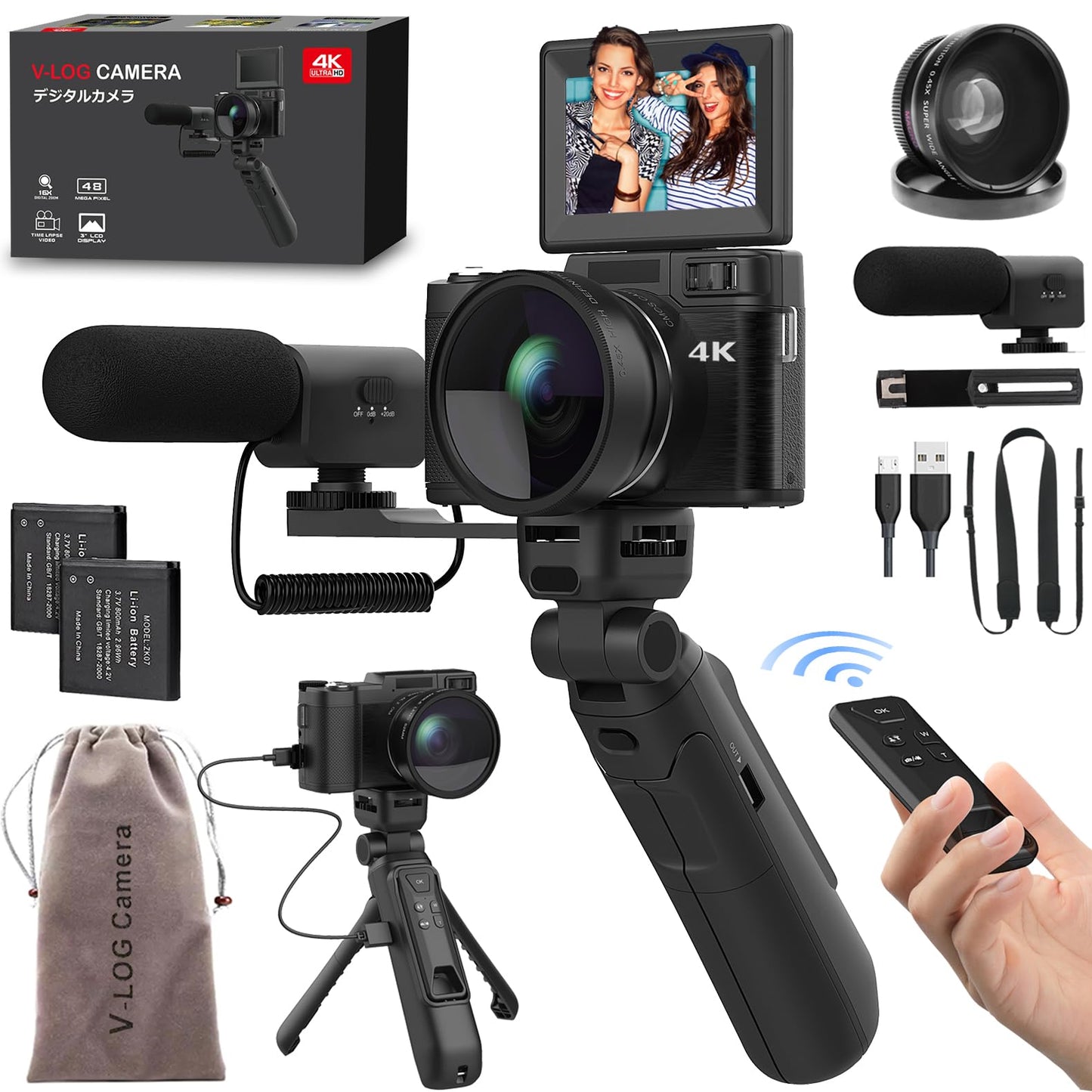 4K Digital Camera with Creator Accessory Kit 48MP Remote Control Vlogging Camera for Vloggers Autofocus Flip Screen Photography Cameras with Tripod Grip, Wide-angle & Macro lens, Mic, Batteries