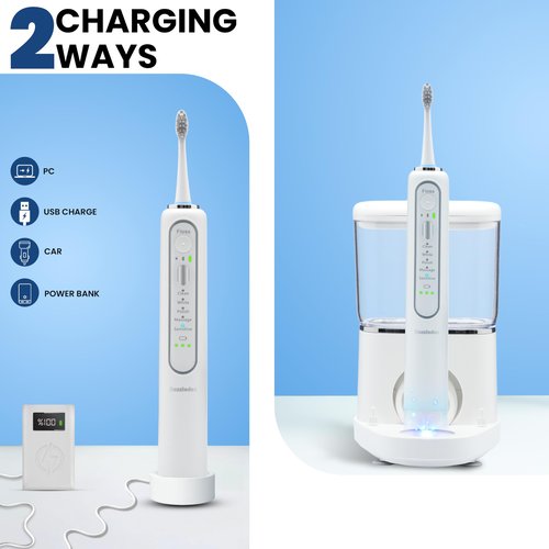 Electric Toothbrush and Water Flosser - Water Flossers for Teeth Electric Cleaning Brush with 5 Replacement Brush Heads, 5 Brush Modes, 17 Oz, 3 Stage Floss Tooth Brush 3 in 1 Teeth Cleaning Kit