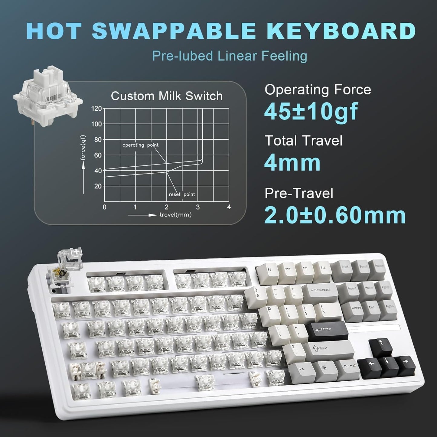 YUNZII YZ87 Gasket Mechanical Keyboard,TKL Wireless Hot Swappable with 5-Layer Padding, BT5.0/2.4G/USB-C NKRO RGB Backlit for Win/Mac(White, Milk Switch)