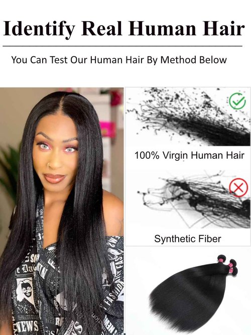 KLAIYI Yaki Straight Bundles Human Hair Weaves Unprocessed Real Virgin Hair Sew In Extensions 3 Bundles 10 12 14Inch, 12A Kinky Straight Double Wefts for Women Cllip In Light Yaki Natural Black Color