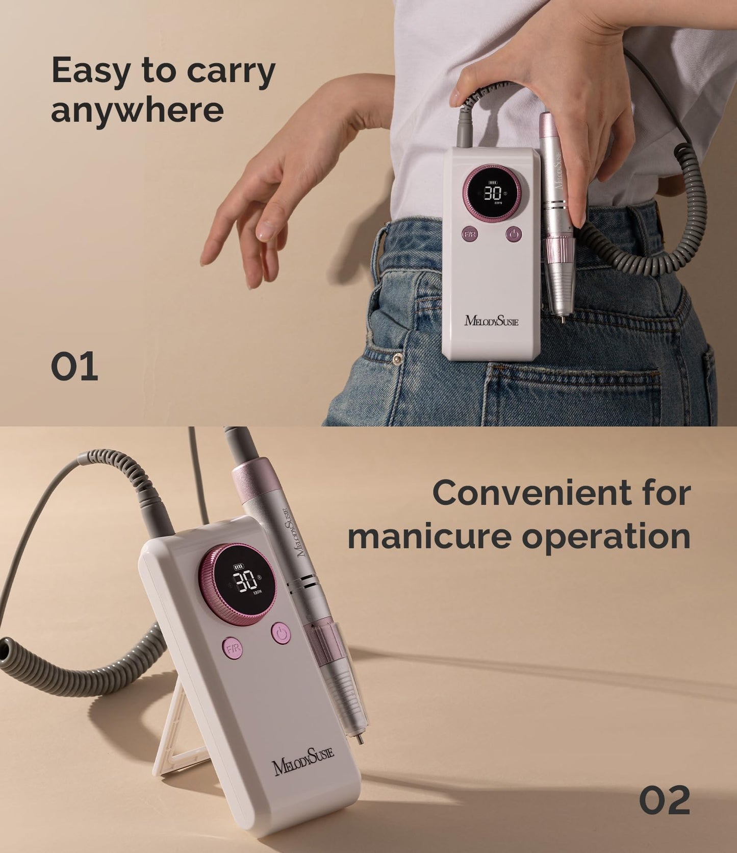 MelodySusie Entry-Level Clip-On Cordless 2-in-1 Nail Drill with Adjustable Built-in Stand, SC330G 30000RPM E-File for All Manicure Shaping & Gel Removal, Ideal for Training, Nail Art Practice at Home