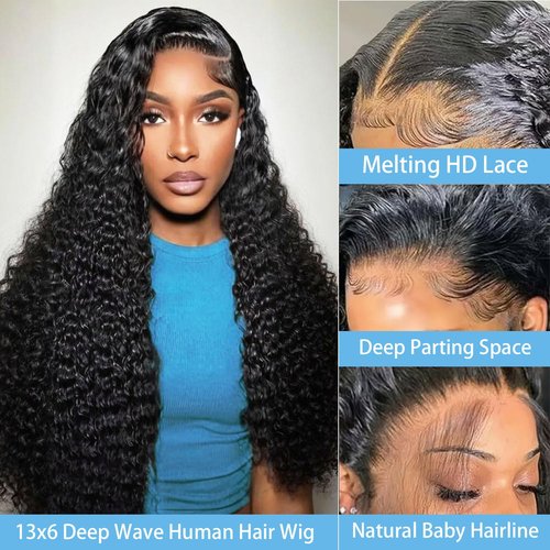 22 Inch Deep Wave Lace Front Wigs Human Hair 200 Density 13x6 HD Transparent Lace Front Wigs Human Hair for Women Deep Curly Lace Frontal Wig Human Hair Pre Plucked Glueless Wigs Natural Black