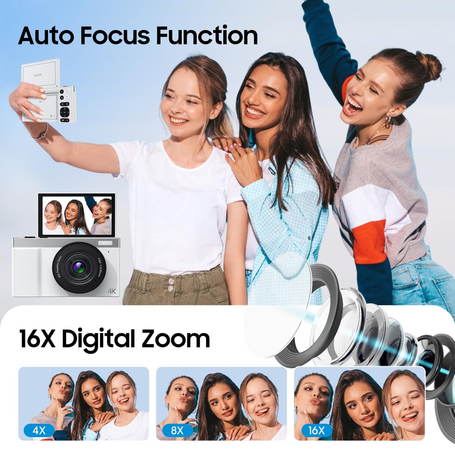 4K Digital Camera, 64MP Vlogging Camera for Photography with 3" 180° Flip Screen, 16X Digital Zoom Point and Shoot Camara with 64GB Micro SD Card for Beginner (White)