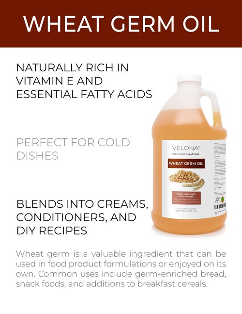 Wheat Germ Oil USP Grade by Velona - 64 fl oz | 100% Pure and Natural Carrier Oil | Unrefined, Cold Pressed | Cooking, Face, Hair, Body & Skin Care | Use Today - Enjoy Result