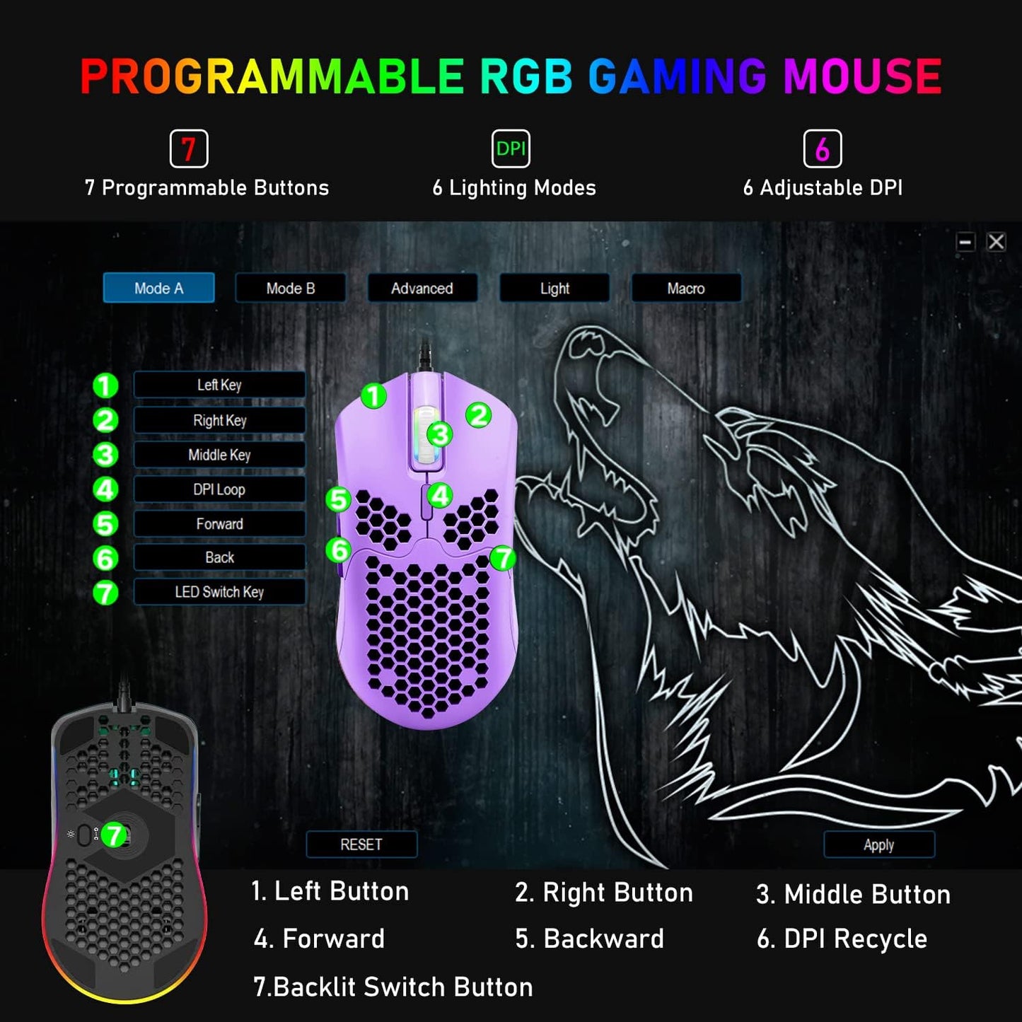 ZIYOU LANG Wired Lightweight Gaming Mouse,6 RGB Backlit Mouse with 7 Buttons Programmable Driver,6400DPI Computer Mouse,Ultralight Honeycomb Shell Ultraweave Cable for PC Gamers,PS4(Green)