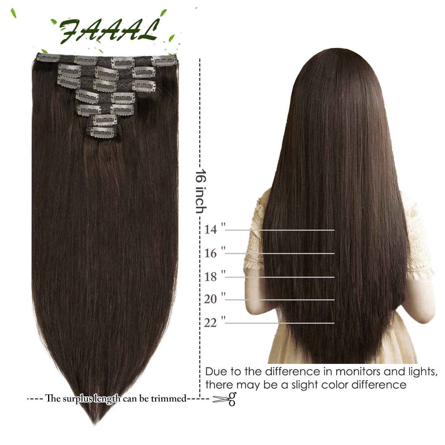 16 Inch Clip in Hair Extensions Real Human Hair 130g 7 Pieces 16 Clips #2 Dark Brown Hair Extensions Double Weft Human Hair Clip in Extension for Women