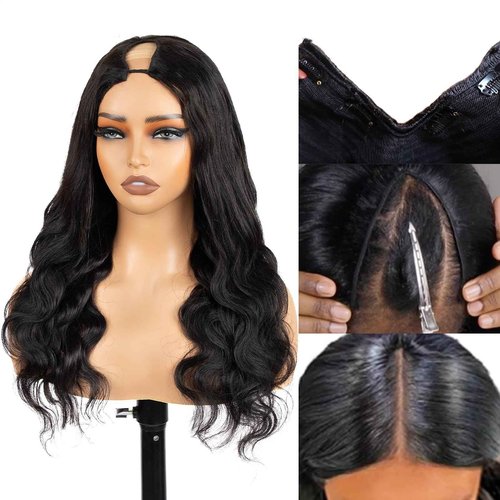V Part Wig Human Hair Body Wave Upgrade U Part Wigs No Leave out No Glue No Sew-in Wear and Go Glueless 200% Density Clip in Half Wig For Black Women 20Inch