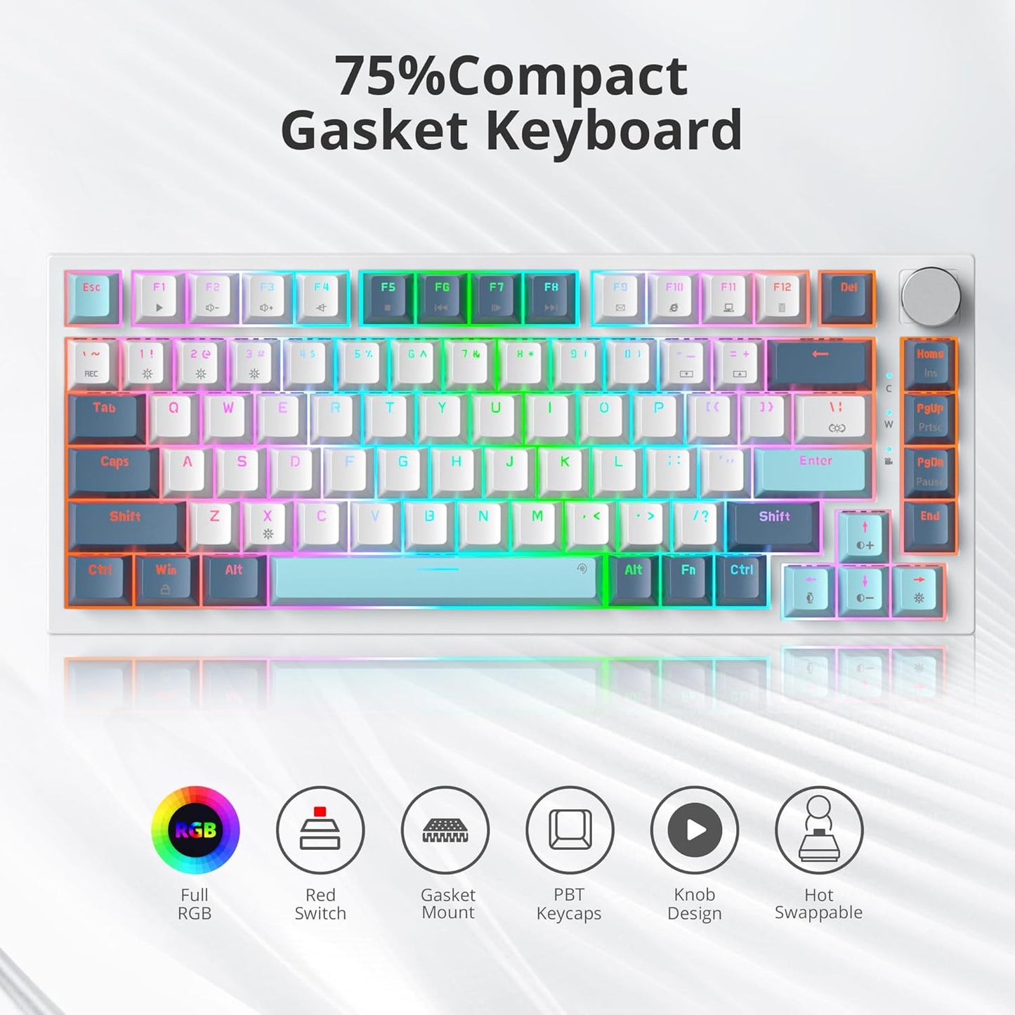 75% Wired Creamy Keyboard, Hot Swappable Mechanical Gaming Keyboard with Gasket Mounted, RGB Backlit, Red Switch, Knob Control for Win Pc Laptop(82 Blue)