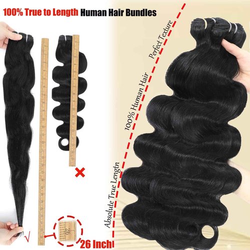 12A Human Hair Body Wave 100% Unprocessed Virgin Human Hair Thick 4 Bundles Quick Weave Bundles Real Human Hair Extensions Natural Black (18 20 22 24 Inch)