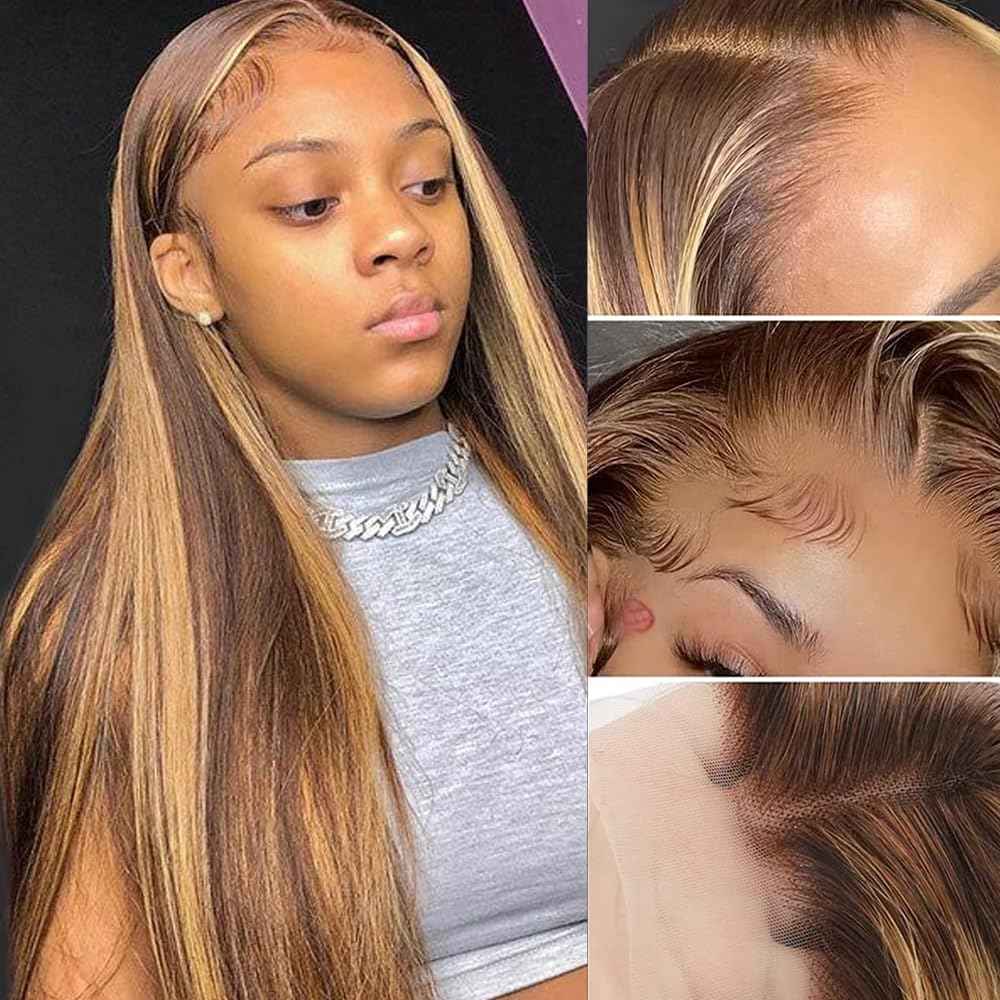Highlight Lace Front Wigs Human Hair For Women 13x4 HD Transparent 4/27 Honey Blonde Lace Frontal Wigs Pre Plucked with Baby Hair 150% Density Colored Straight Lace Front Wigs 26 Inch