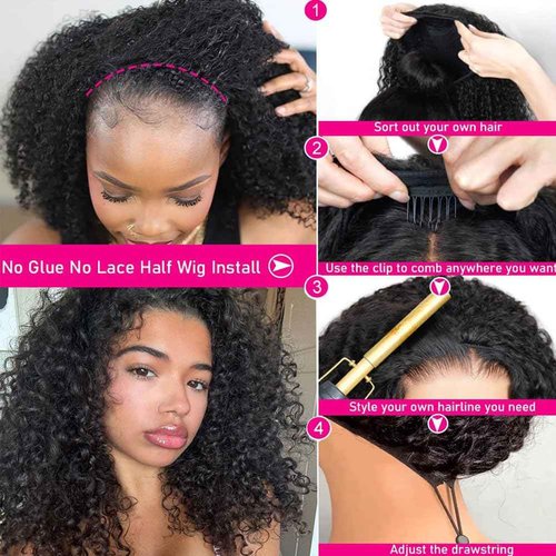 yamduly Half Wig Human Hair 200% Density Water Wave Glueless Wear and Go Wig with Adjustable String Seamless Flip Over Invisible Hairline Beginner Friendly Clip-In Headband Wig 16 Inch