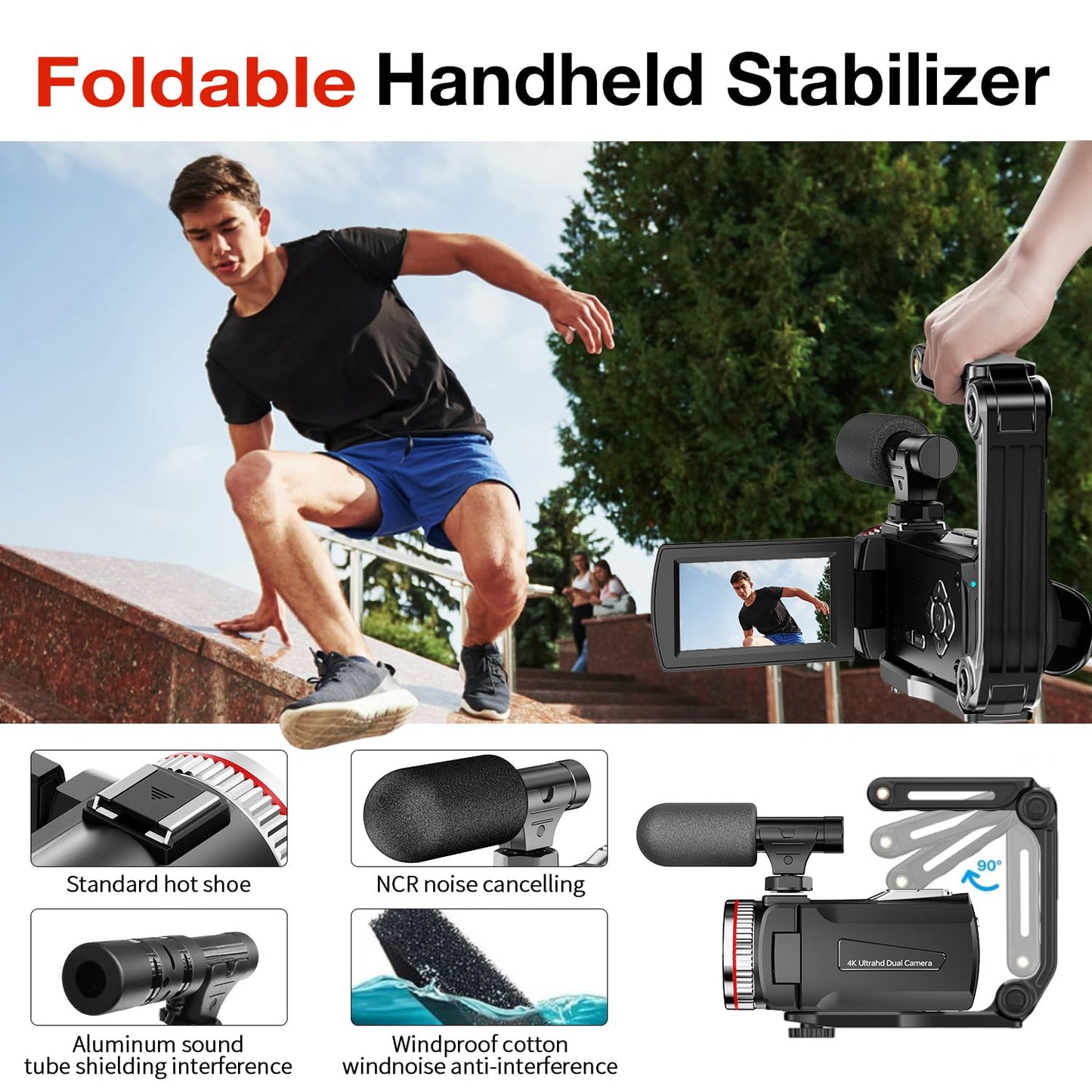 4K Video Camera Camcorder, 64MP UHD Vlogging Dual Camera for YouTube, 21X Digital Zoom IPS Screen Vlog Camera with External Microphone, Stabilizer, Remote, 2 Batteries, Remote, Memory Card
