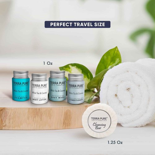 Terra Pure White Tea & Coconut Toiletries Set | 1-Shoppe Amenities Kit | 1oz Liquids, 1.25oz Bar Soap | Hotels, Airbnb & Rentals | 75 Pieces