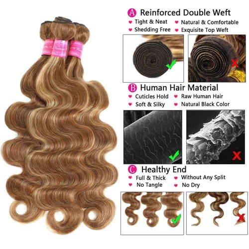 Highlight Human Hair Bundles Body Wave P4/27 Ombre Brown Body Wave Bundles Colored (14 16 18 Inches) Honey Blonde Human Hair Brazilian Virgin Hair Weave 100% Natural Herbal Dyeing