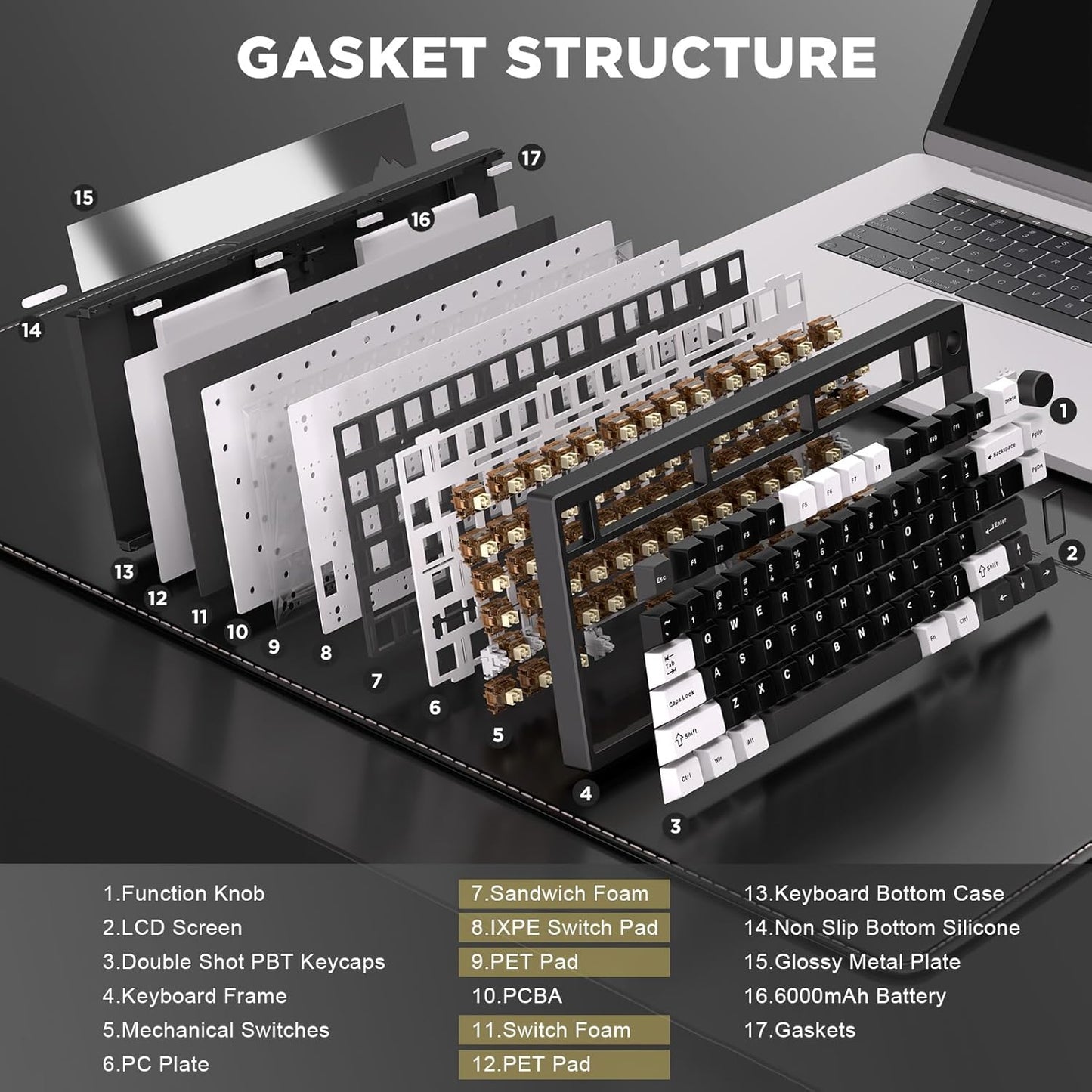 YUNZII AL80 Wireless Mechanical Keyboard,Full Aluminum CNC, Smart LCD Display,Hot Swappable Gasket Mount 75% Layout with Knob,BT/2.4G/USB-C,QMK/VIA Support for Win/Mac (Silver, Cocoa Cream V2 Switch)