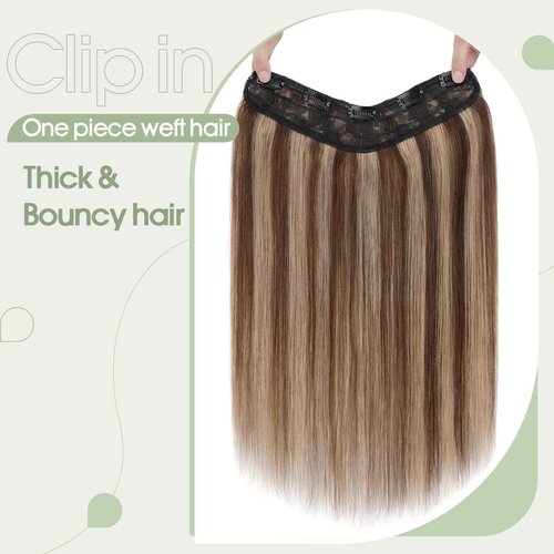 S-noilite One Piece Clip in Hair Extensions Human Hair Balayager One Piece/5 Clips 3/4 Full Head V Part Weft Thicker Hair Lace Net One Piece Hair Extensions(22"-70g,#Medium Brown/Dark Blonde)