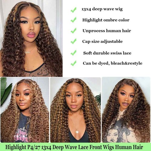 UFHUFH 20 inch Highlight Ombre Lace Front Wig Human Hair 200 Density Honey Blonde Wig Human Hair 13x4 HD 4/27 Deep Wave Lace Frontal Wigs Pre Plucked with Baby Hair