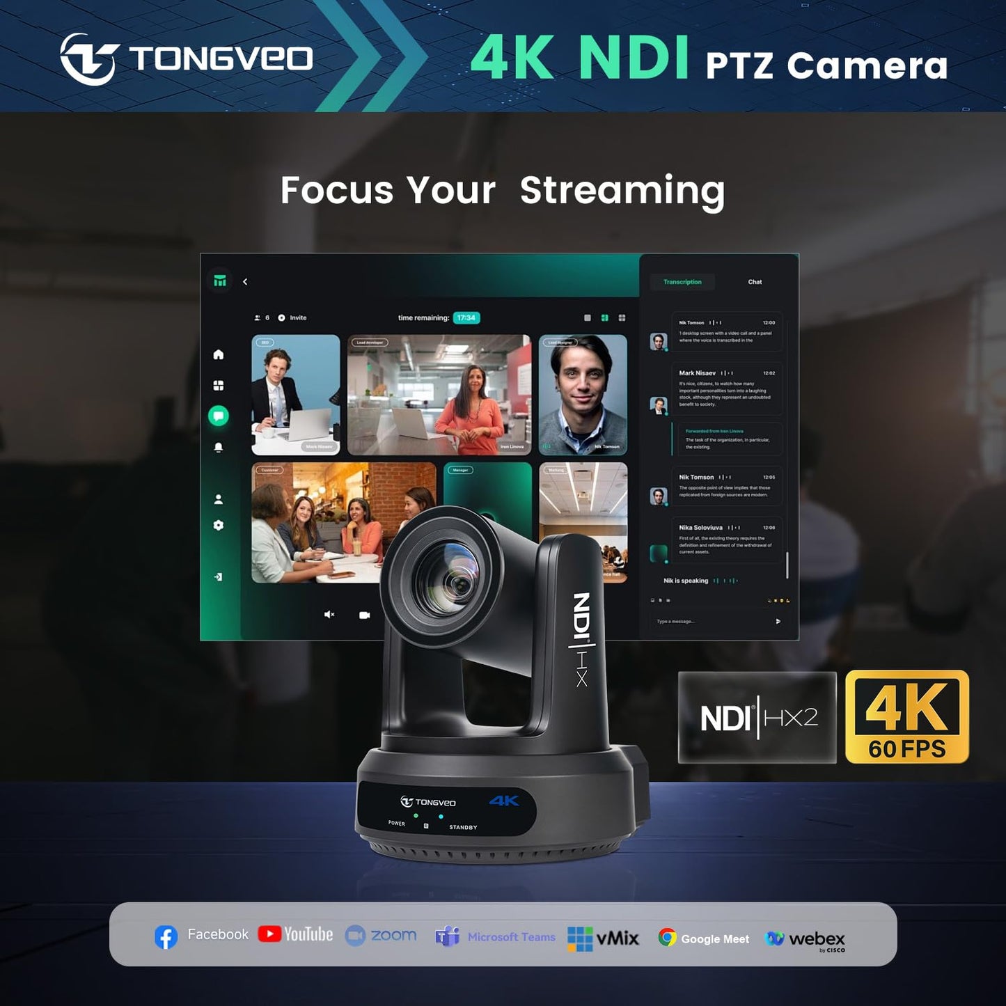 4K NDI PTZ Camera 60FPS, 4KP60 AI Auto-Tracking 20X Optical Zoom Video Conference Camera 1/1.8 UHD CMOS 8.42MP with USB 3G-SDI HDMI LAN Outputs POE Live Streaming for Church Worship Conference Events
