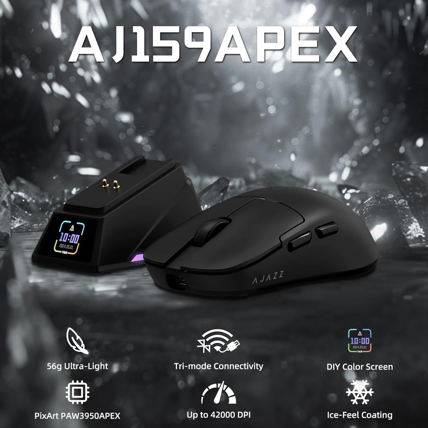 <font dir="auto" style="vertical-align: inherit;"><font dir="auto" style="vertical-align: inherit;"> AJAZZ AJ159 APEX 무선 게이밍 마우스 (자석 충전 베이스 포함, 56g 경량 BT/2.4G/USB-C 유선 마우스, PAW3950APEX 42K DPI 광학 센서, PC/Mac/Windows용 프로그래밍 가능 버튼, 블랙) </font></