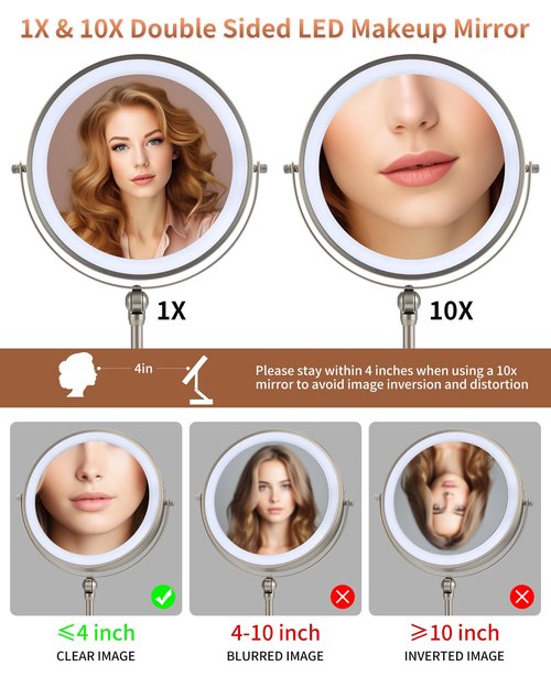 9" Lighted Makeup Mirror,1X/10X Magnifying Vanity Mirror with Height & Brightness Adjustable,Rechargable Makeup Mirror,360°Rotation Double Sided Standing Desk Mirror (Satin Nickel)