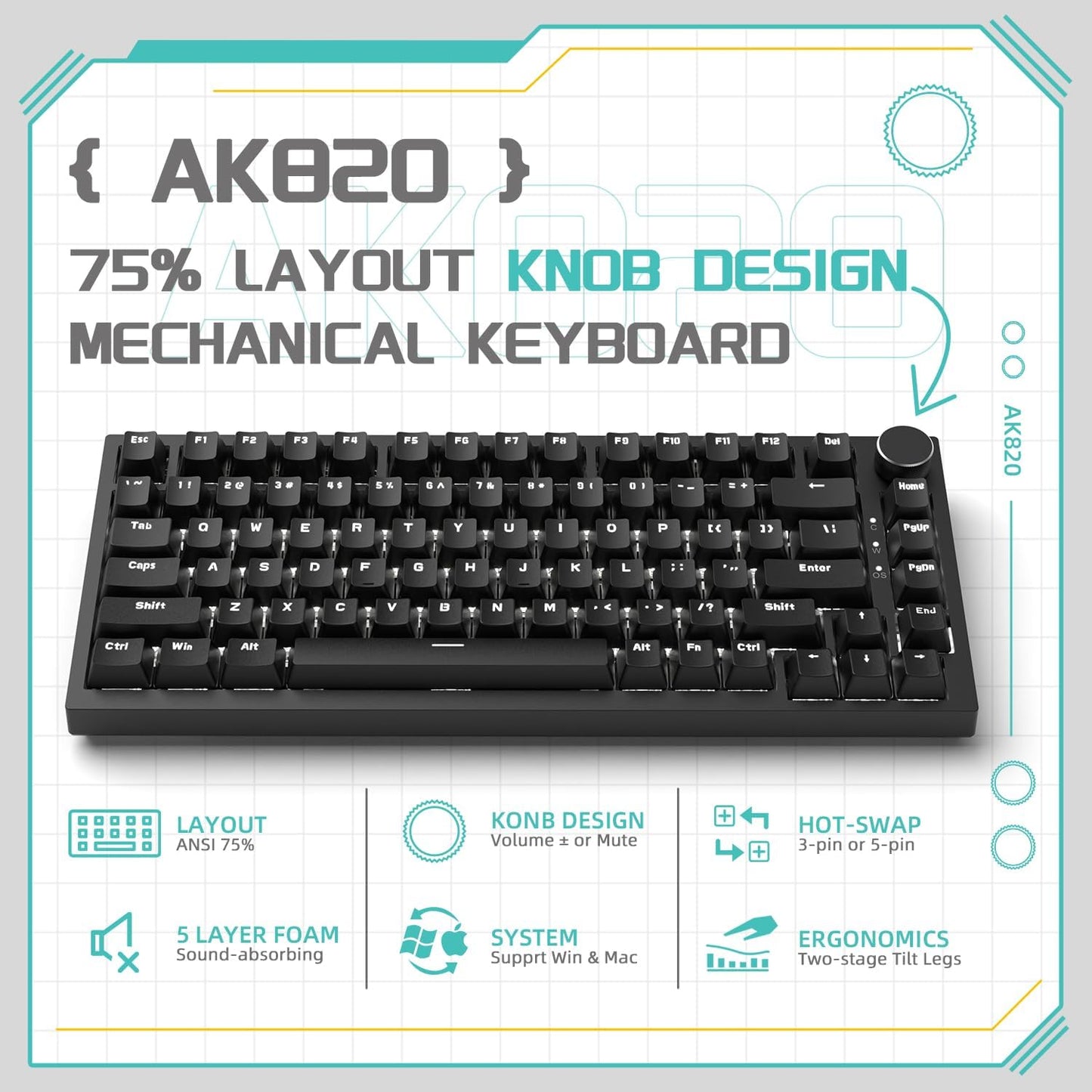 Attack Shark ajazz AK820 Pro 75% Mechanical Keyboard and Coiled Cable Hot Swappable Wireless 2.4GHz/Bluetooth/Wired TFT Screen & Knob Flying Fish Switch RGB Gasket Mount Custom Keyboard-Black