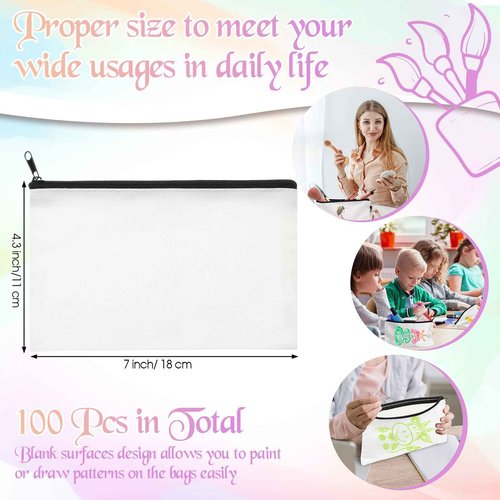 Fainne 100 Pack Canvas Makeup Bags Bulk 7.1 x 4.3 Inch Blank DIY Craft Canvas Pencil Pouch Pencil Case Multi Purpose Travel Toiletry Zipper Pouch Cosmetic Bags for Stationary Storage(Beige)