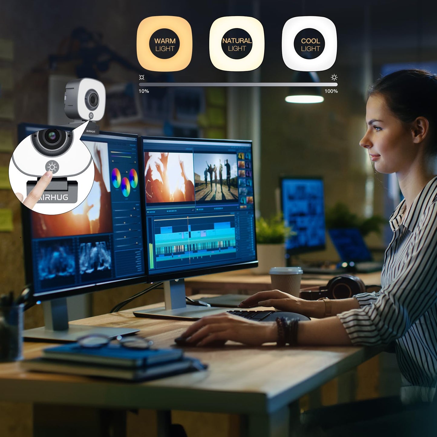 AIRHUG 4K Webcam, Webcam with Microphone, Adjustable Light Computer Camera with Privacy Cover, USB Plug and Play for Laptop Video Calling