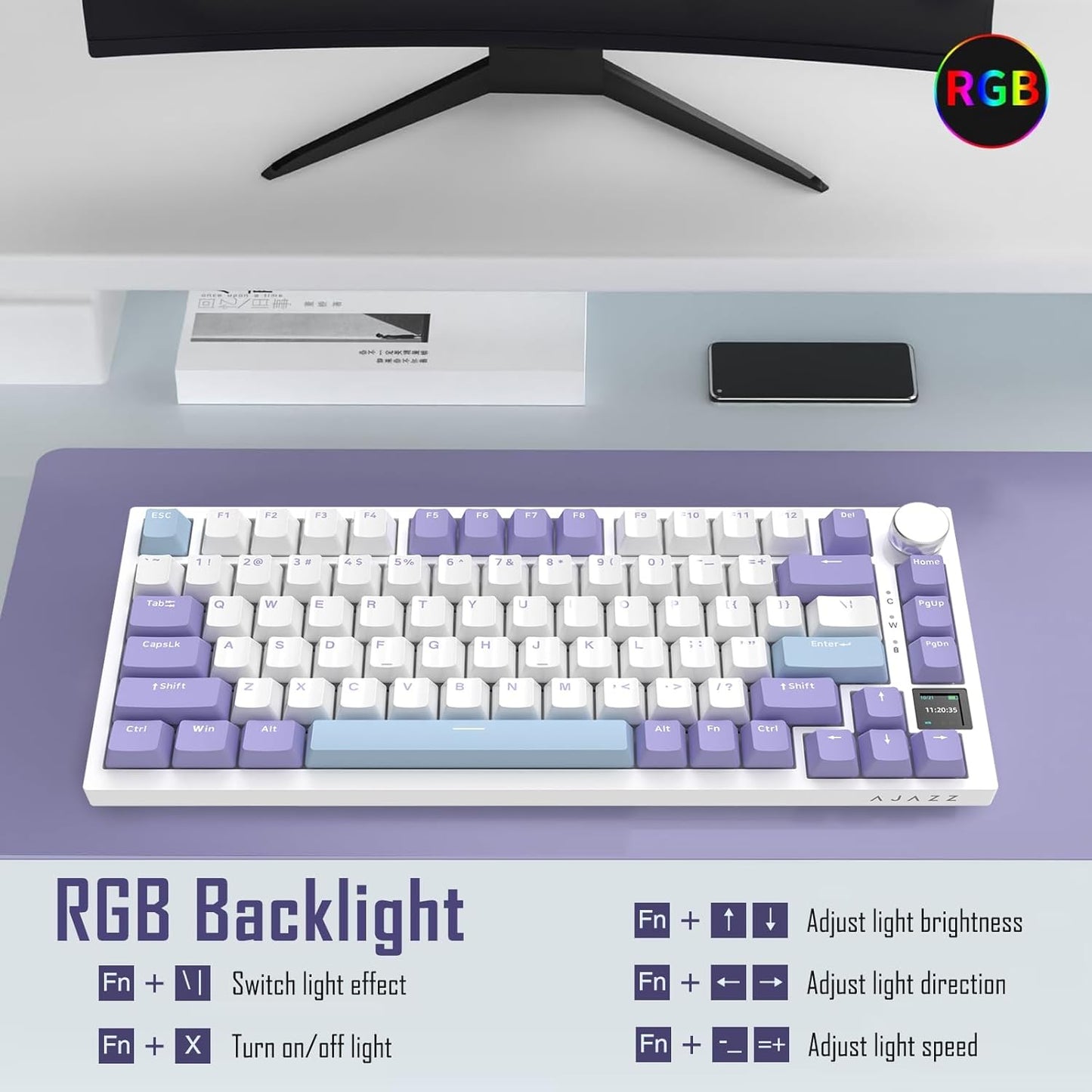 AJAZZ AK820 Pro 75% Gasket RGB Wireless Mechanical Keyboard with TFT Screen, Volume knob, Bluetooth/2.4G/Wired 3-Modes, Compact 82 Hot-Swap Keys, Tricolor PBT Keycap, 4000 mAh (Gray&Yellow 3-Modes)