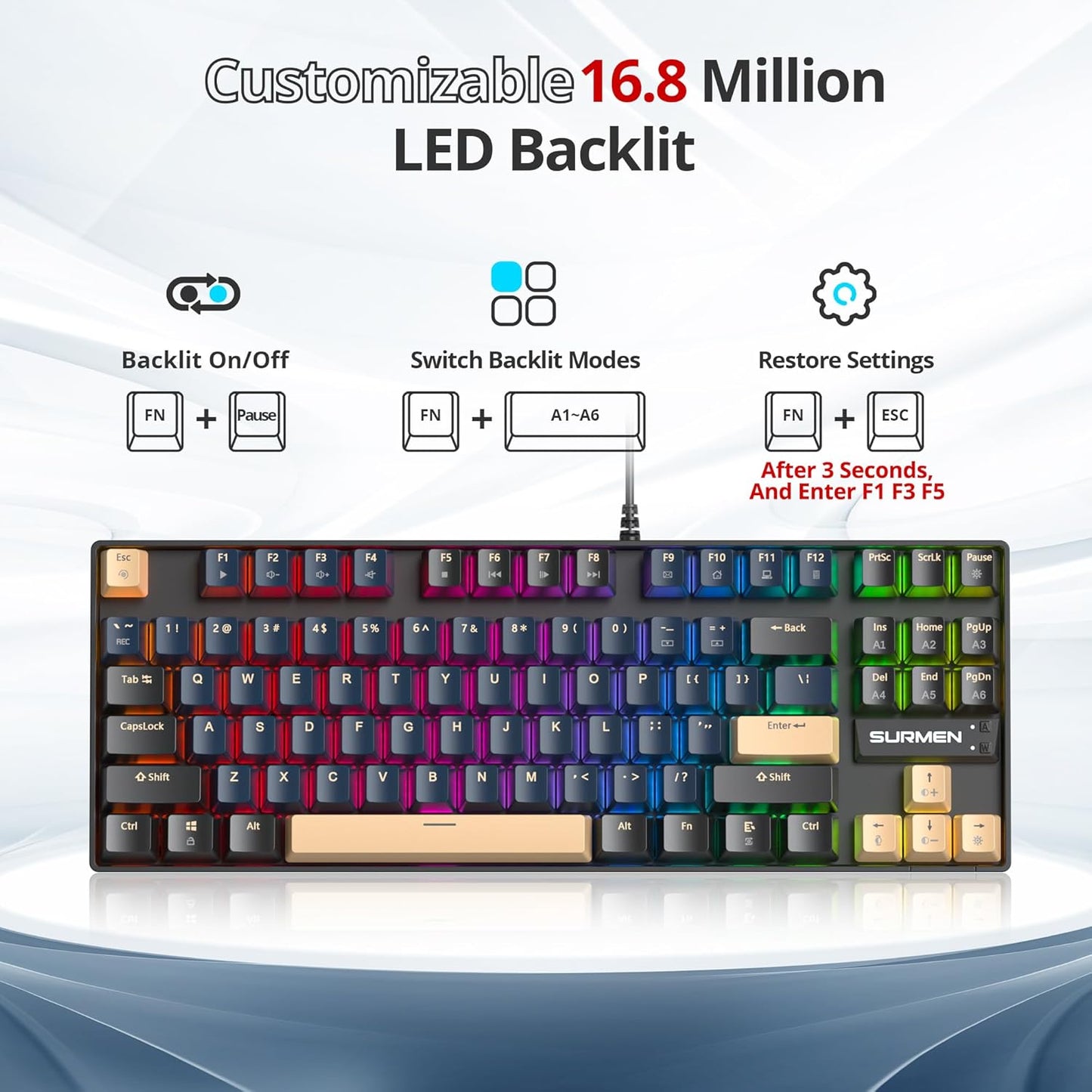 75% Mechanical Gaming Keyboard, 87 Keys Compact TKL Wired Linear Red Switches Detachable USB NKRO RGB Backlight Keyboard for Win/Mac/PS4/PS5/Xbox.(Blue Samurai)