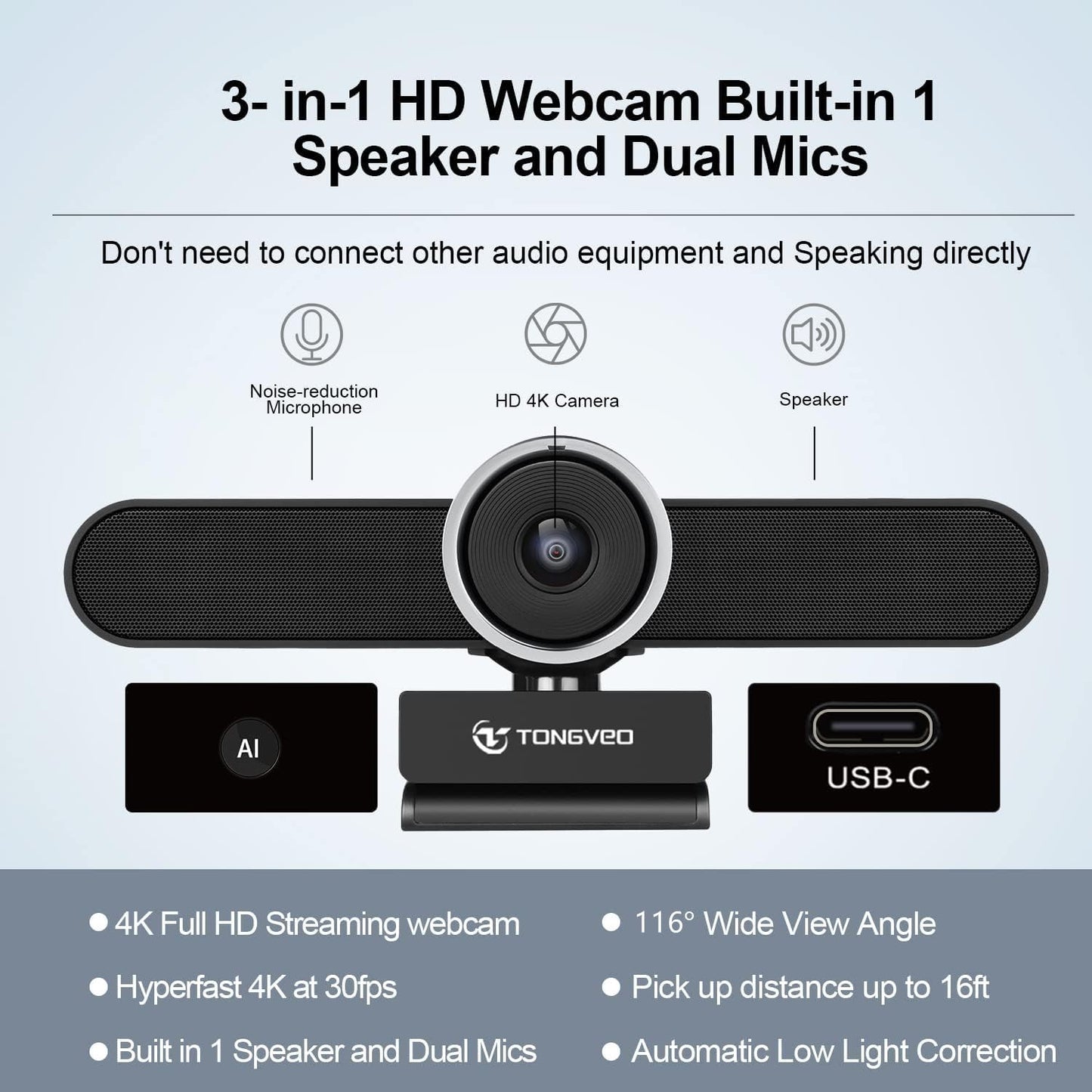 4K Webcam Conference Call TV Room Web Camera with Dual Microphones &Speaker, | All-in-One USB Video Camera, 116° Wide Angle, AI Auto Framing | Compatible with Zoom, OBS