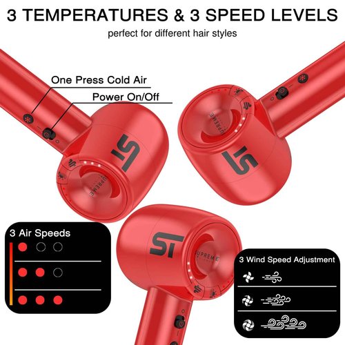 Supreme Trimmer Hair Dryer Negative Ion 110,000 RPM | Fast Drying & Low Noise Blow Dryer 1400W Brushless Motor | Magnetic Attachments, 3 Heat & 3 Speed Settings + Cool Shot | SHD347