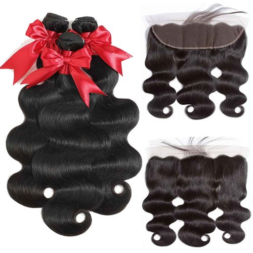 12A Body Wave Bundles with Frontal Human Hair 20 22 24+18 Inch Brazilian Virgin Body Wave Human Hair Weave 3 Bundles with 13x4 HD Lace Frontal Closure