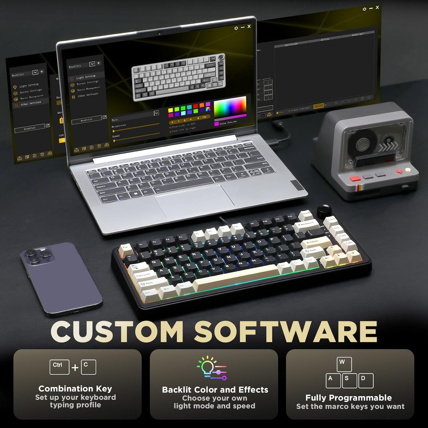 YUNZII B75 Mechanical Keyboard,75% Layout with Knob,Hot Swappable RGB Backlit Gasket Mounted, Creamy Typing, Double-Shot PBT Keycaps,Cherry Profile,for Win/Mac (Dark Grey, Cocoa Cream V2 Switch)