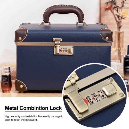 urecity Vintage Makeup Train Case, Navy Blue Artificial Leather, Professional Cosmetic Organizer with Metal Combination Lock, Retro Style Storage Box