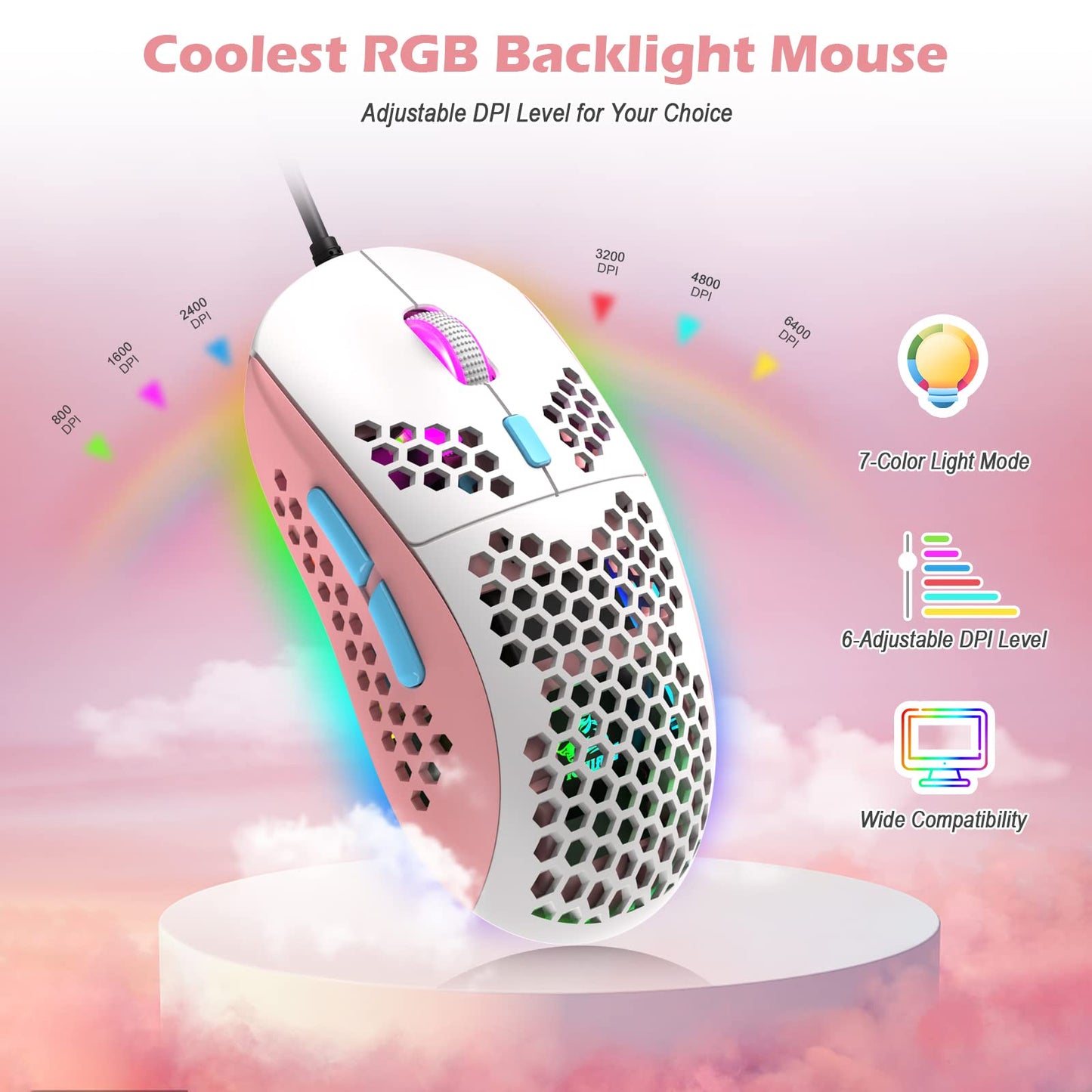 ZIYOU LANG RK-T60 Wired Mechanical Gaming Keyboard and Mouse Combo Mini Portable with Rainbow Backlit 62Key NKRO 6400DPI RGB Honeycomb Mice Coiled Aviator Cable for PS4/PC/WIN Gamer(Pink/Blue Switch)