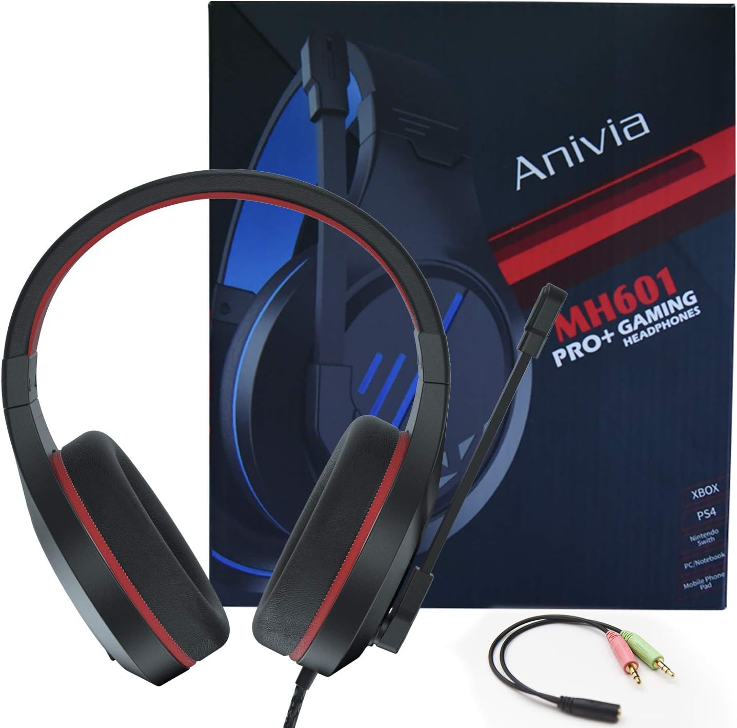 Anivia MH601 Headphones with Microphone LED Wired Headset with Active Noise Canceling Microphone, 3.5mm Audio Jack Stereo Headphone - Red (Game/Work/School)