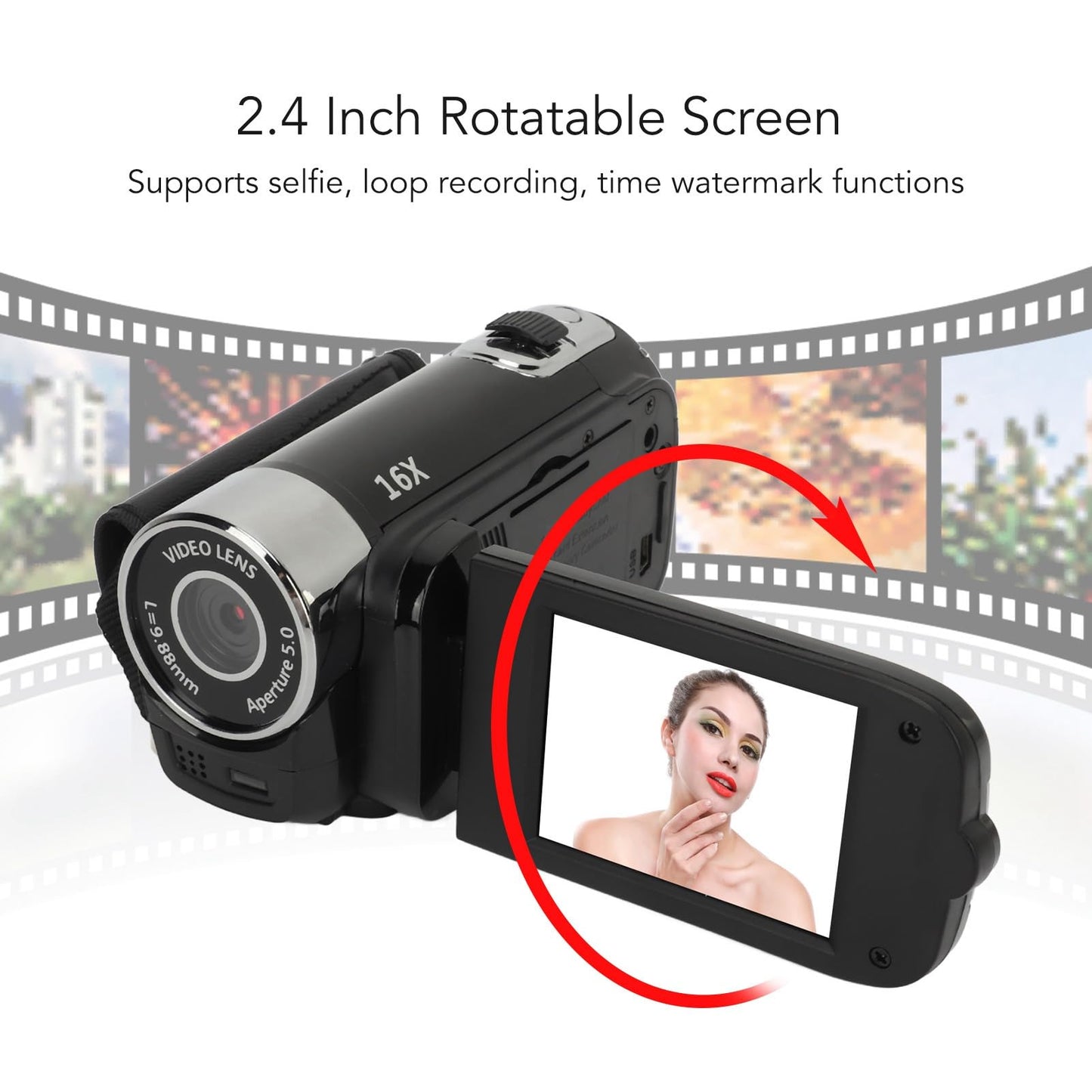 1080PDigital Camera, 16MP Camcorder with 2.4 Inch Rotatable Screen, 16X Zoom HD Video Recorder with Fill Light, Video Camera Built in Battery (Black)